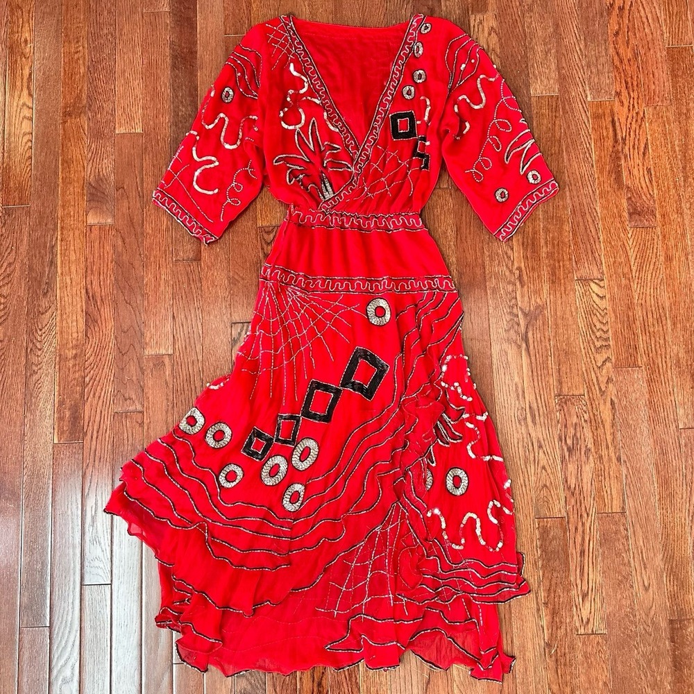 Vintage PAVE Pure Silk Boho Red Black Beaded Quarter Sleeve Asymmetrical Dress